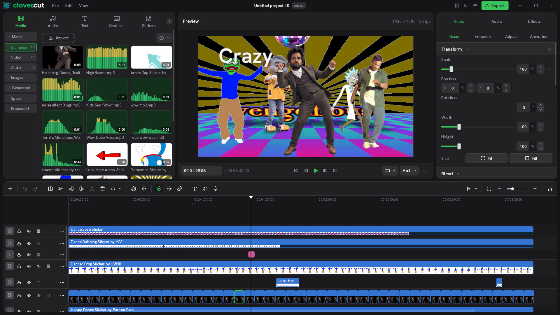 Clovercut desktop editor showing a layered video and sticker composition with a multitrack timeline
